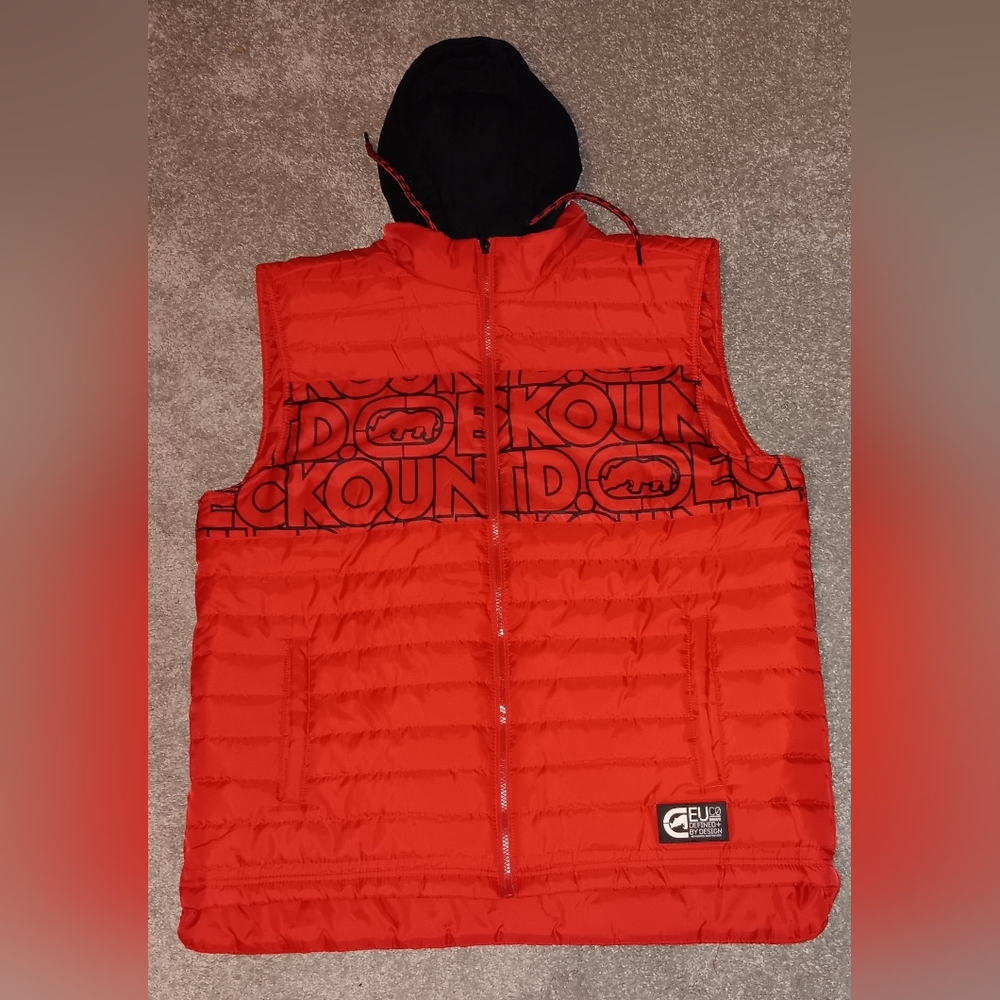 ECKO UNLTD Puffer Vest Mens Size XL Red/Black Hooded Full Zip Spell Out - Picture 14 of 16